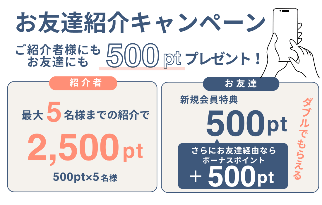 <span>お友達紹介キャンペーン！</span>ご紹介者様にもお友達にも500ポイントプレゼント。</span>